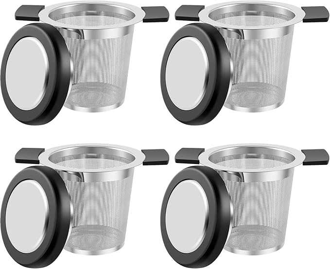 4 Pcs Tea Strainers for Loose Tea Stainless Steel Tea Steeper Large Capacity Tea Infuser Fine Mesh Tea Diffuser with Silicone Lid and Heat Proof Double Handles for Teapots Cups Mugs