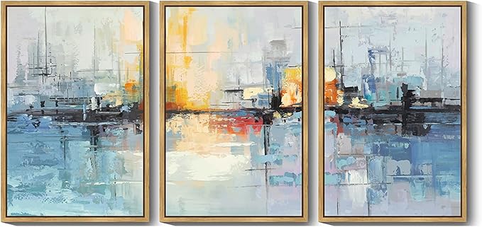 KUVIOKE Navy Blue Abstract Landscape Framed Canvas Wall Art Graffiti Shape Pastel Wall Decor Modern Minimalist Art Painting for Bedroom Dining Room 24x36in (Natural Framed)