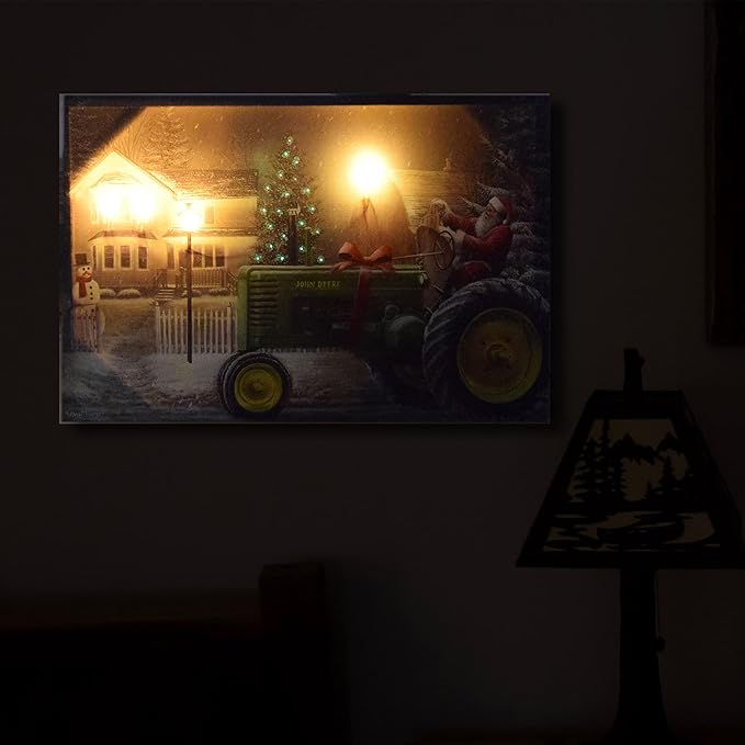 Rivers Edge Products LED Canvas Wall Art, 24 by 16 Inches, Fiber Optic Light Up Wall Decor, Battery Operated Lighted Nature Canvas Print, LED Light Kitchen, Bedroom, or Home Decor, Santa/Tractor