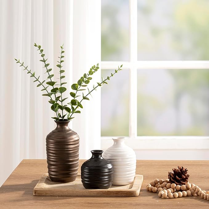 Ceramic Vase Set of 3 Decorative Vase for Home Decor Modern Farmhouse Decor Pottery Neutral Vases for Living Room Bathroom Table Mantel Fireplace Entryway Shelf (02-Metallic)