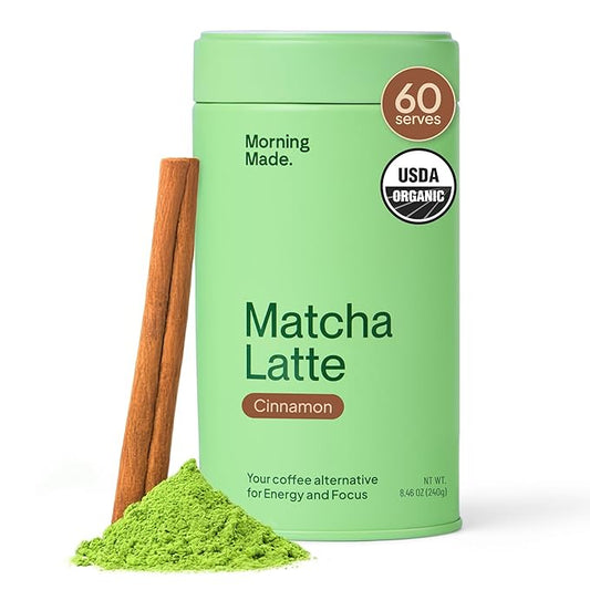 Morning Made Cinnamon Flavored Ceremonial Grade Matcha Powder | 8.46oz (240g) Resealable Tin | 60 Servings Premium Japanese Green Tea | Sweetened with Organic Sugar | Rich in Antioxidants & Energy Boosting