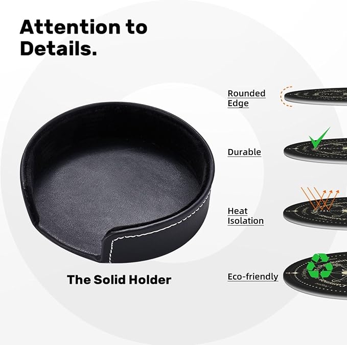 Mystic Witchy Leather Drinks Coasters with Holder, Set of 6, Suitable for Various Cups