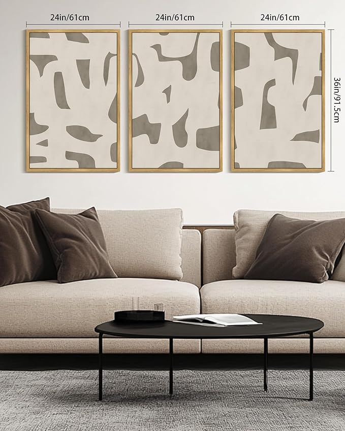 KUVIOKE Bohemain Abstract Framed Wall Art Brown Mid-Century Duotone Minimal Dark Brush Stroke Neutral Modern Minimalist Painting Decorative Artwork 24x36in (Natural Framed)