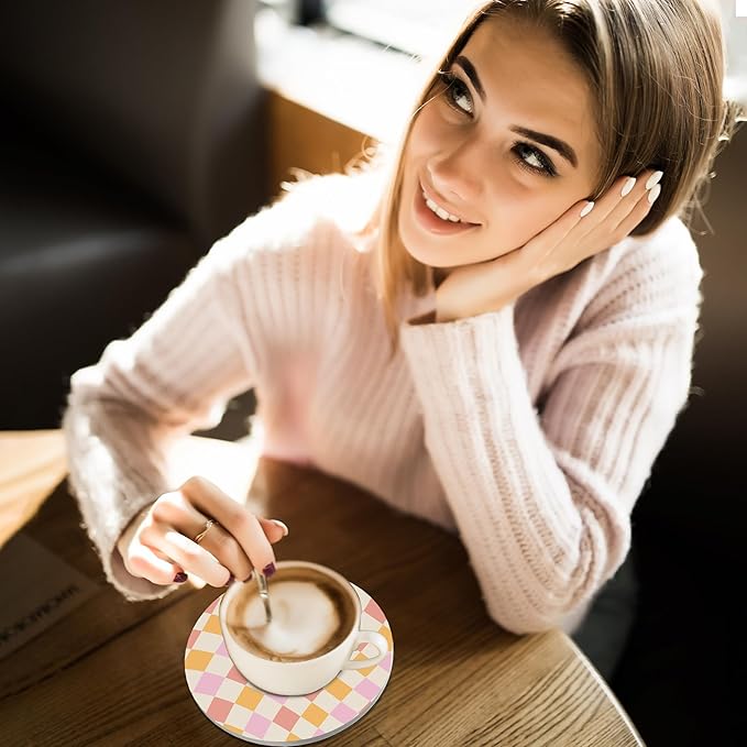 Coasters for Drinks,Set of 4 Absorbent Coasters,Groovy Rainbow Chessboard Waves Swirl Twirl Ceramic Coasters with Cork Base,Cup Coaster for Coffee Table Protection,Gifts for Housewarming Birthday