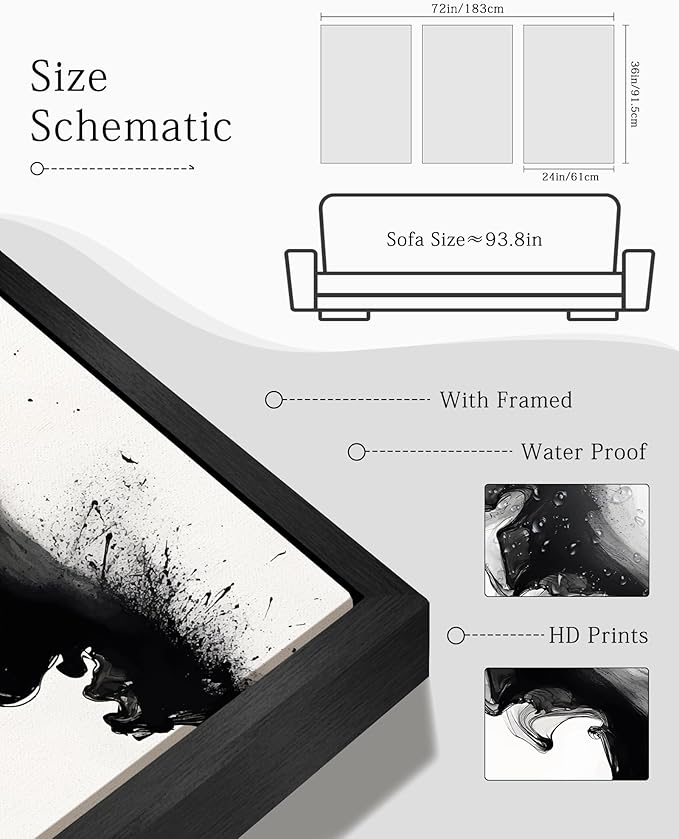 KUVIOKE Black White Abstract Framed Canvas Wall Art Ink Wash Pastel Wall Decor Modern Rendering Illustration Art Painting for Bedroom Dining Room 24x36in (Black Framed)