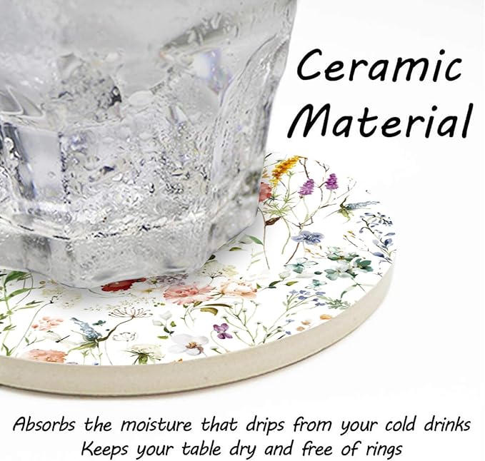 Coasters Set of 6 Watercolor Flowers Pattern Ceramic Drink Coaster with Cork Base Modern Style Coasters for Mugs and Cups Office Kitchen 4 in