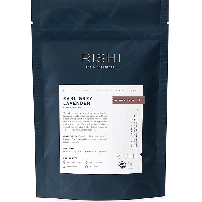 Rishi Tea Earl Grey Lavender Loose Leaf Pure Black Tea - Organic with Bergamot Oil and Lavender Flowers, Energizing & Caffeinated - 4 Ounces, 12+ Servings