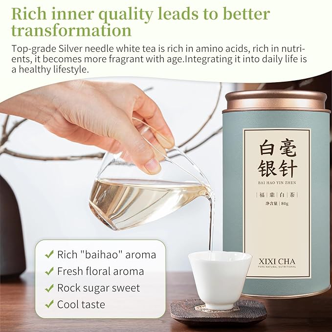 XIXICHA Silver Needle White Tea Loose Leaf Grade AAA Premium Silver Needle Tea Fuding White Tea Baihao Yinzhen Tea 80g/2.82oz 白茶 白毫银针 福鼎白茶 茶叶
