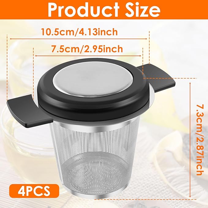 4 Pcs Tea Strainers for Loose Tea Stainless Steel Tea Steeper Large Capacity Tea Infuser Fine Mesh Tea Diffuser with Silicone Lid and Heat Proof Double Handles for Teapots Cups Mugs