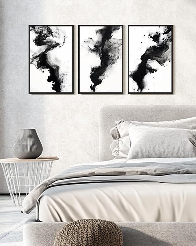 KUVIOKE Black White Abstract Framed Canvas Wall Art Ink Wash Pastel Wall Decor Modern Rendering Illustration Art Painting for Bedroom Dining Room 16x24in (Black Framed)