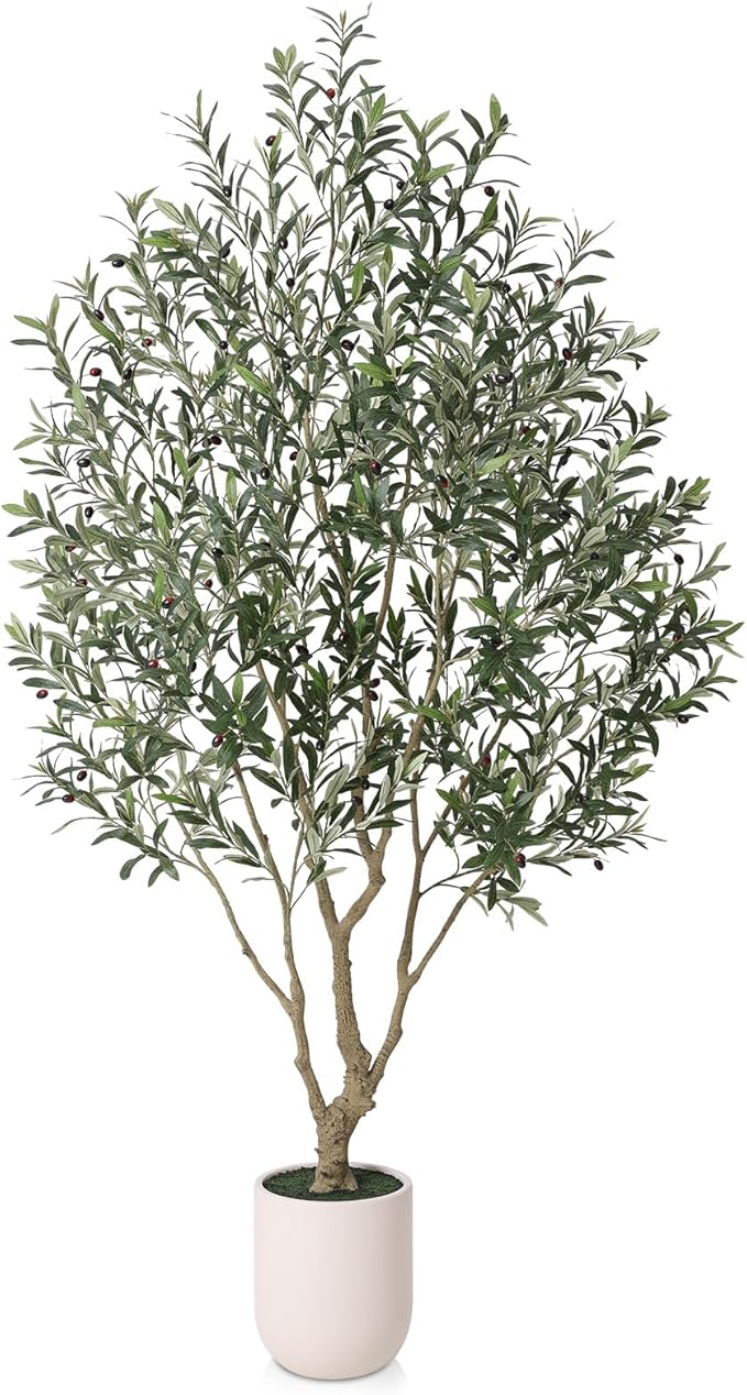 Olive Tree Artificial Indoor, 8FT Tall Faux Olive Tree with 11.5in White Planter, Artificial Plants with Natural Wood Trunk and Lifelike Fruits for Home Office Decor,VN224