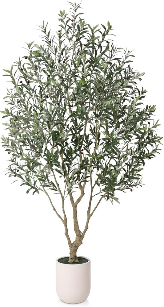 Olive Tree Artificial Indoor, 8FT Tall Faux Olive Tree with 11.5in White Planter, Artificial Plants with Natural Wood Trunk and Lifelike Fruits for Home Office Decor,VN224