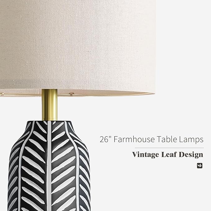 BOBOMOMO 26" Farmhouse Black Table Lamps Set of 2 – Rustic Resin Lamps with Vintage Leaf Pattern and Linen Shades, Black Bedside Lamps for Bedroom, Living Room, Office, Entryway, Console Table