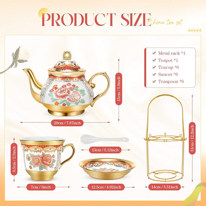 20 Pcs Porcelain Tea Set for Adults with Metal Holder and Spoon European Ceramic Tea Party Set Flower Painting Teapot Cup Gold Plated Saucer for Women, Serving 6 People(Classic)