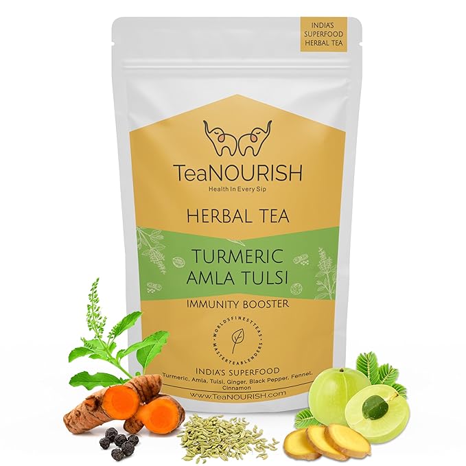 TeaNOURISH Turmeric Amla Tulsi Herbal Tea | CAFFEINE-FREE | Blended with Ginger, Blueberry, Cinnamon & Stevia | Improves Hair Growth, Supports Immunity - 3.53oz/100g