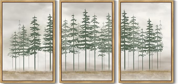 KUVIOKE Green Foggy Misty Pine Tree Framed Canvas Wall Art Watercolor Nature Abstract Forest Wall Decor Rustic Minimalist Painting for Bedroom Dining Room 24x36in (Natural Framed)