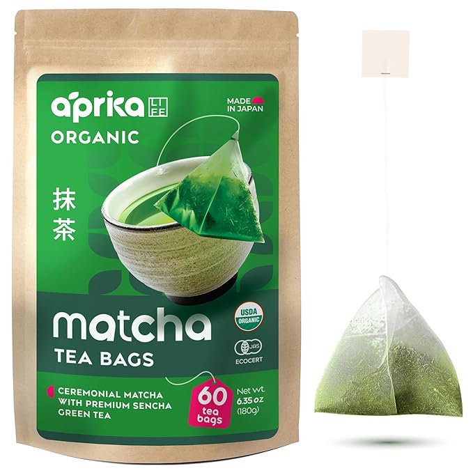 Organic Japanese Matcha Green Tea Bags - Ceremonial Grade Matcha Powder and 1st Harvest Spring Sencha Blend for Unforgettable Taste - 60 Tea Pyramids by Aprika Life