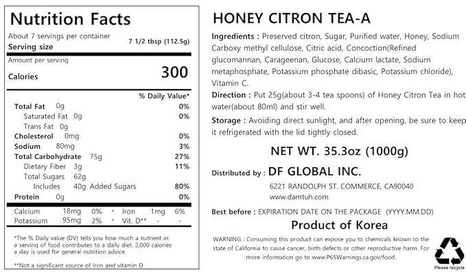 Damtuh Honey Citron Tea & Honey Ginger Tea Bundle Pack 1000g - 2.20lb x 2 Bottle