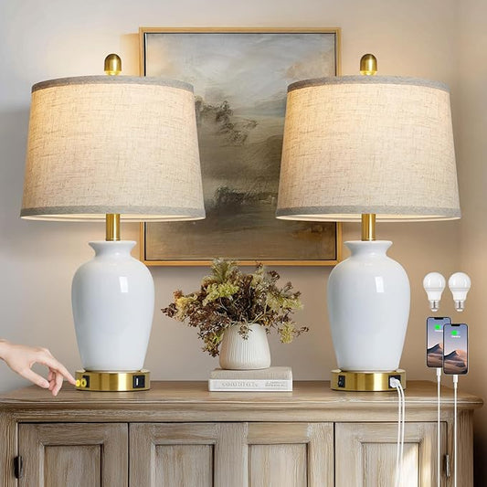 23" Set of 2 White Ceramic Table Lamp with Ginger Jar Design, Bedside USB Lamps for Living Room,Dining Room,Bedroom,Office,Nightstand,End Table