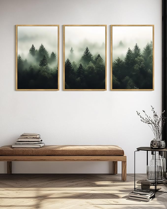 KUVIOKE Morden Green Fog Pine Tree Framed Canvas Wall Art Nature Nordic Forests Artwork Painting Bedroom Decor 24x36in (Natural Framed)