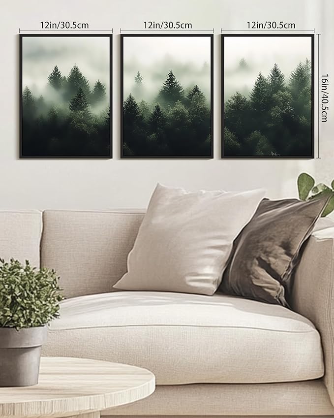 KUVIOKE Morden Green Fog Pine Tree Framed Canvas Wall Art Nature Nordic Forests Artwork Painting Bedroom Decor 12x16in (Black Framed)