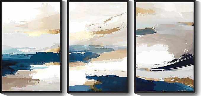 KUVIOKE Navy Blue Abstract Framed Canvas Wall Art Graffiti Shape Pastel Wall Decor Modern Minimalist Art Painting for Bedroom Living Room 24x36in (Black Framed)