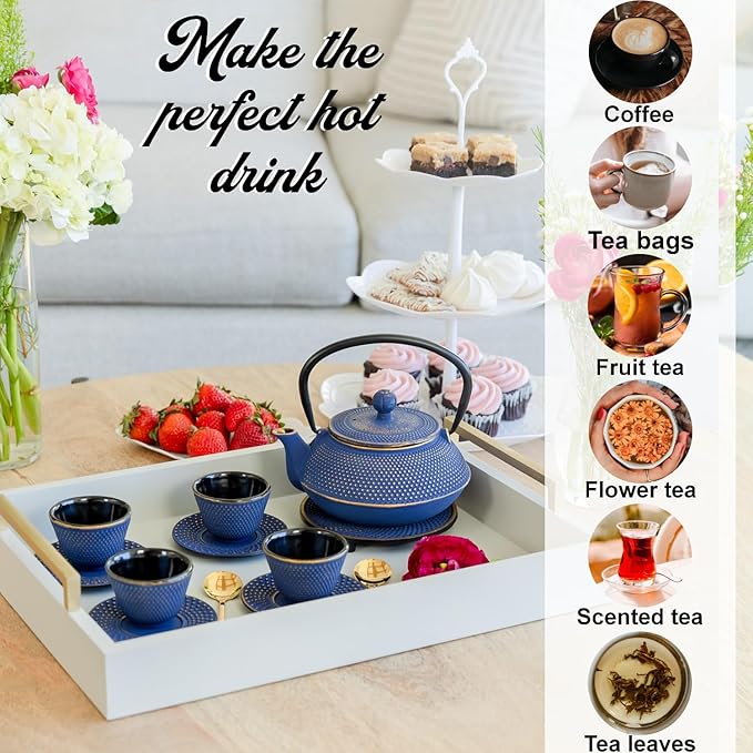 Large 11PC Japanese Tea Set "Blue and Gold" Cast Iron Tea Pot 26Oz with 4 Tea Cups (2Oz each), 4 Saucers, Leaf Tea Infuser and Trivet. Ceremonial Matcha Accessories