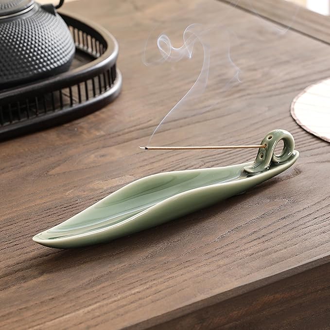 9" Length Incense Stick Holder with 3 Holes, White Porcelain Incense Tray Ash Cather for Spa, Meditation Room, Yoga, Home, Office (Green)