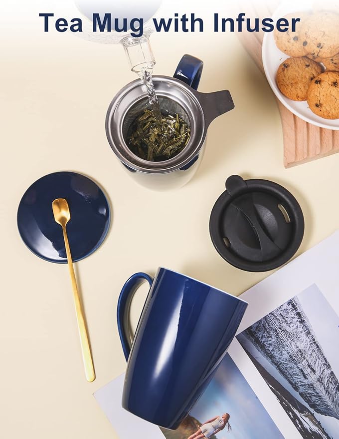 Tea Cup with Infuser and Lid, 17 oz Large Tea Infuser Mug with 2 Lids, Ceramic Teacups for Women, Men, Kids, Loose Leaf, Gifts