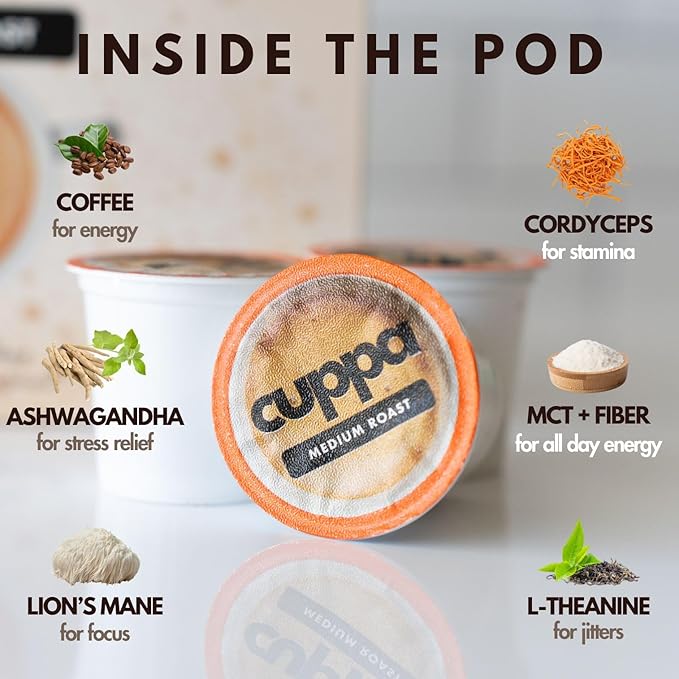 Cuppa Healthy Mushroom Coffee Single Serve Pods (K-Cups) with Lion's Mane & Ashwagandha for All Day Energy & Focus - No Crash or Jitters - Nootropics for Brain Health, Gut Health, Immunity, Stress, Memory + Mood - 24 Servings