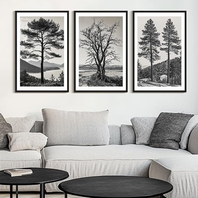 KUVIOKE Vintage Tree Framed Canvas Wall Art Black and White Retro Antique Forest Drawings Nature Wilderness Sketch Wall Painting Modern Decor 24x36in (Black Framed)