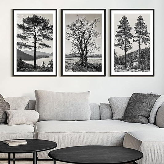 KUVIOKE Vintage Tree Framed Canvas Wall Art Black and White Retro Antique Forest Drawings Nature Wilderness Sketch Wall Painting Modern Decor 24x36in (Black Framed)