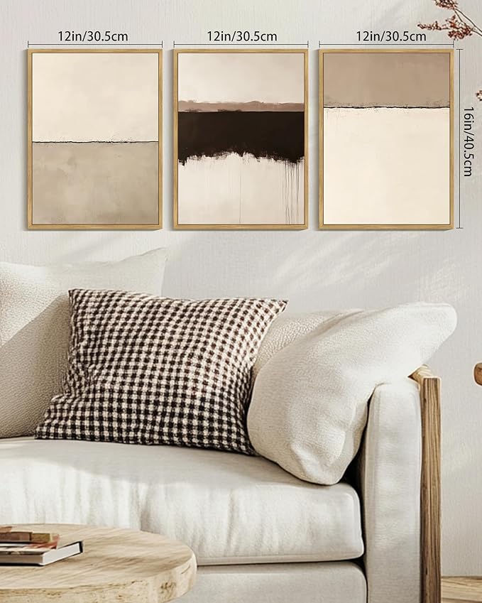 KUVIOKE Abstract Framed Canvas Wall Art Minimalist Beige Gray Pastel Watercolor Wall Decor Modern Illustration Neutral Art Painting for Bedroom Dining Room 12x16in (Natural Framed)