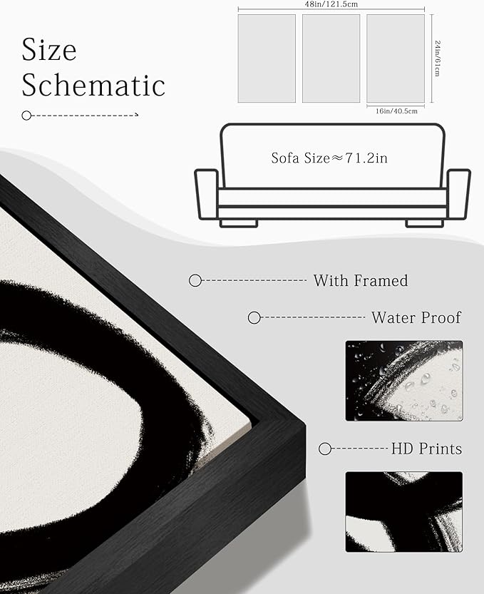 KUVIOKE Black and White Abstract Framed Wall Art Ink Wash Minimalist Lines Painting Artwork for Bedroom Hallway 16x24in (Black Framed)