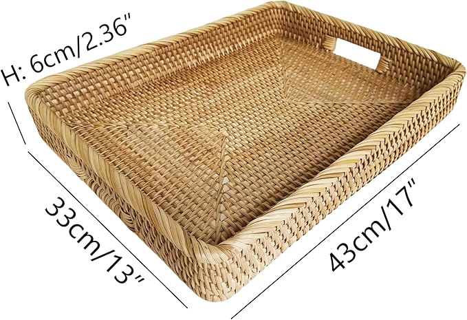 i-lan 17Inch Large Rectangle Rattan Serving Tray with Handles-Natural Wicker Breakfast Coffee Drinks Serving Platter,Kitchen Tabletop Decorative Serving Tray for Fruit,Vegetables and Snacks