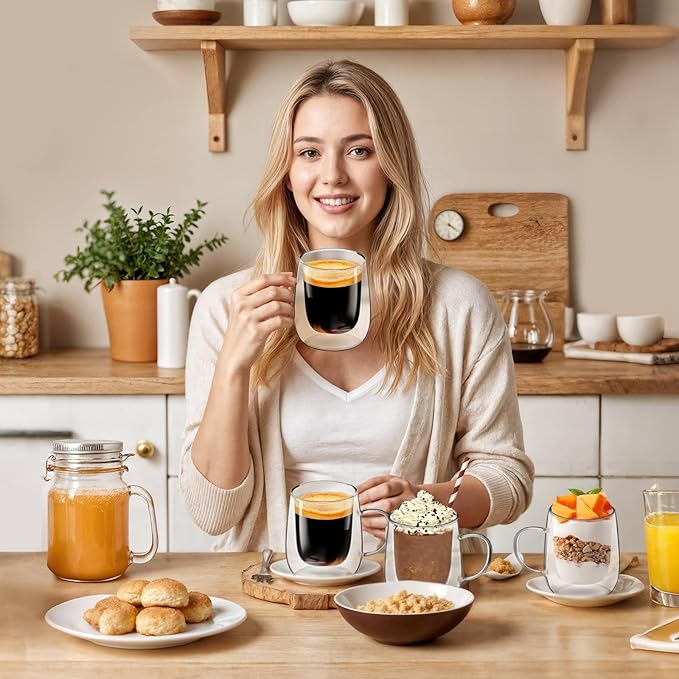 Glass Coffee Cups Set of 4, 13oz Double Walled Glass Mugs with Handles, Clear Insulated Coffee Mug Espresso Cups, Cappuccino Latte Tea Cups Set, Heat Resistant Borosilicate Clear Glasses