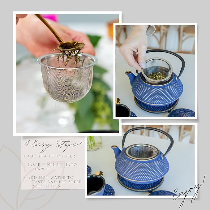 Large 11PC Japanese Tea Set "Blue and Gold" Cast Iron Tea Pot 26Oz with 4 Tea Cups (2Oz each), 4 Saucers, Leaf Tea Infuser and Trivet. Ceremonial Matcha Accessories