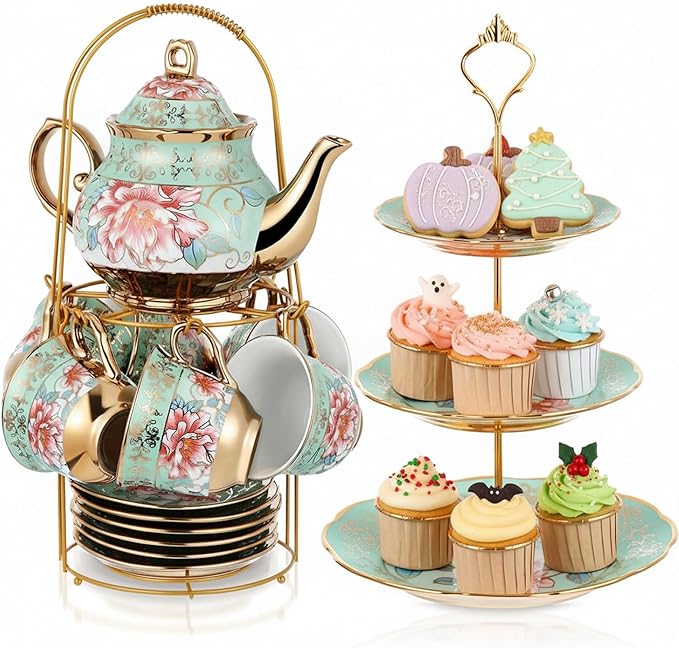 Maxcheck 21 Pcs Tea Party Set for Adults European Floral Tea Set with Metal Holder and 3 Tier Ceramic Cake Stand Porcelain Flower Cup Teapot for Dessert Cupcake(Fresh Style)