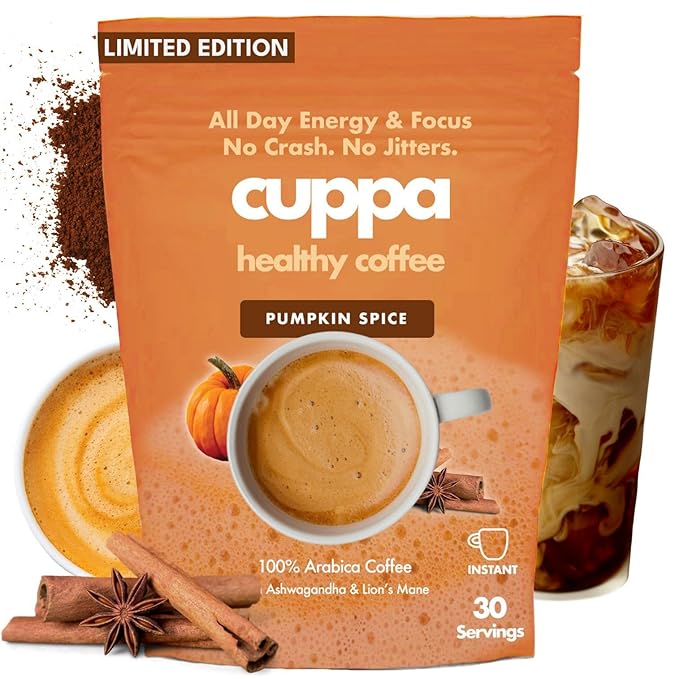 Cuppa Healthy Mushroom Insant Coffee with Lion's Mane & Ashwagandha for All Day Energy & Focus - No Crash or Jitters - Nootropics for Brain Health, Gut Health, Immunity, Stress, Memory + Mood (30 Servings, Pumpkin Spice)