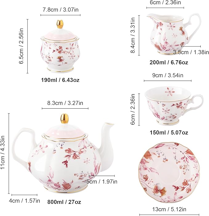 fanquare 21 Pieces British Porcelain Tea Set with Gold Trim, Pink Autumn Leaves Floral Tea Sets for Women Tea Party, 6 Teacup and Saucers for Coffee Home Wedding