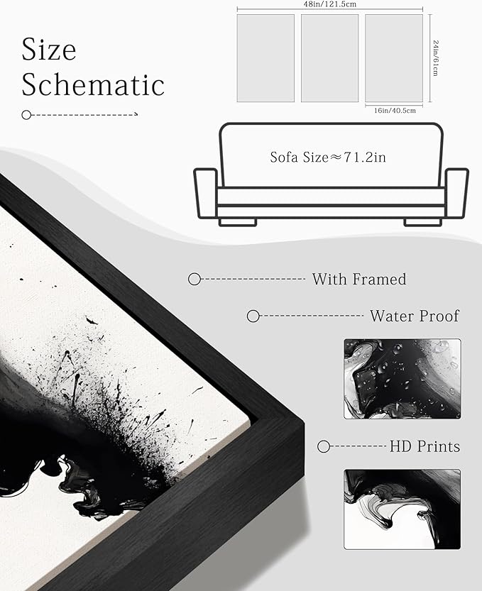 KUVIOKE Black White Abstract Framed Canvas Wall Art Ink Wash Pastel Wall Decor Modern Rendering Illustration Art Painting for Bedroom Dining Room 16x24in (Black Framed)
