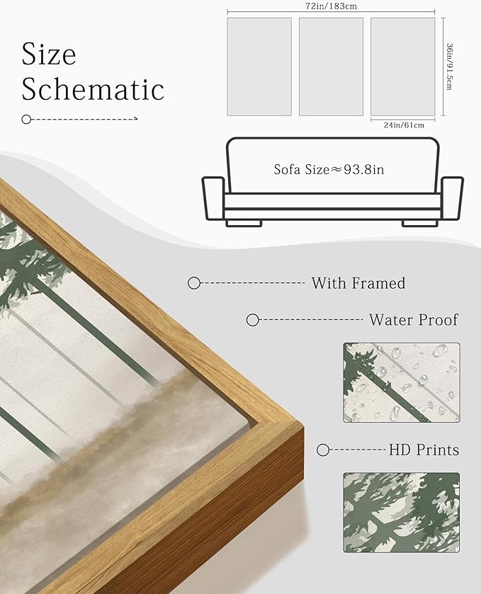 KUVIOKE Green Foggy Misty Pine Tree Framed Canvas Wall Art Watercolor Nature Abstract Forest Wall Decor Rustic Minimalist Painting for Bedroom Dining Room 24x36in (Natural Framed)