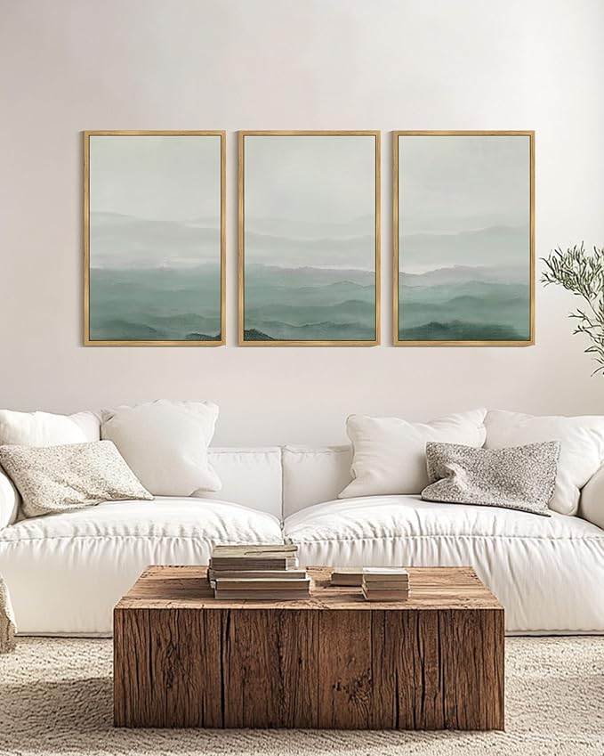 KUVIOKE Green Watercolor Mountains in Fog Framed Canvas Wall Art Wilderness Nature Landscape Artwork Painting Boho Rustic Scenic Relax Cool Room Decor for Bedroom Living Room 24x36in (Natural Framed)