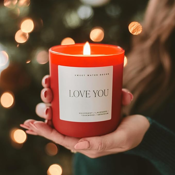 Sweet Water Decor Love You Scented Candles - Soy Candles with Fresh Lavender, Geranium, Warm Mahogany and Earthy Teakwood - Candle Wax with 70 Hours Burn Time - 15Oz Red Matte Jar Wax Candle