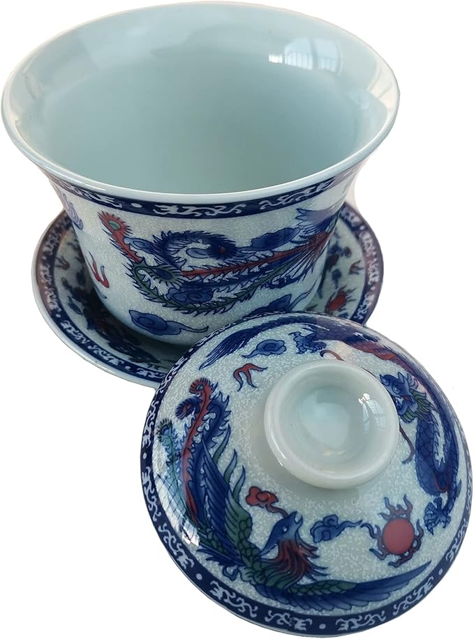 Gaiwan 5.5oz Chinese Teacup Qinghua Porcelain Cup Dragon Phoenix Gongfu Tea Set (Dragon and phoenix)