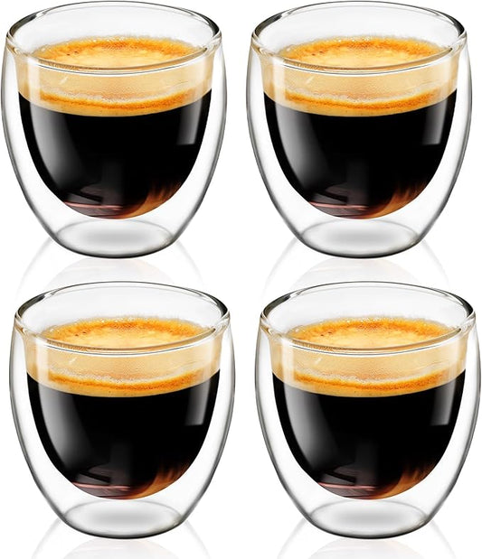 Espresso Cups Set of 4, 3 OZ Expresso Shots Glass Cup, Double Walled Glass Coffee Mugs, Espresso Machine Accessories,Insulated Clear Espresso Shot Glasses Cups,Water Won't Enter Between Double Walls