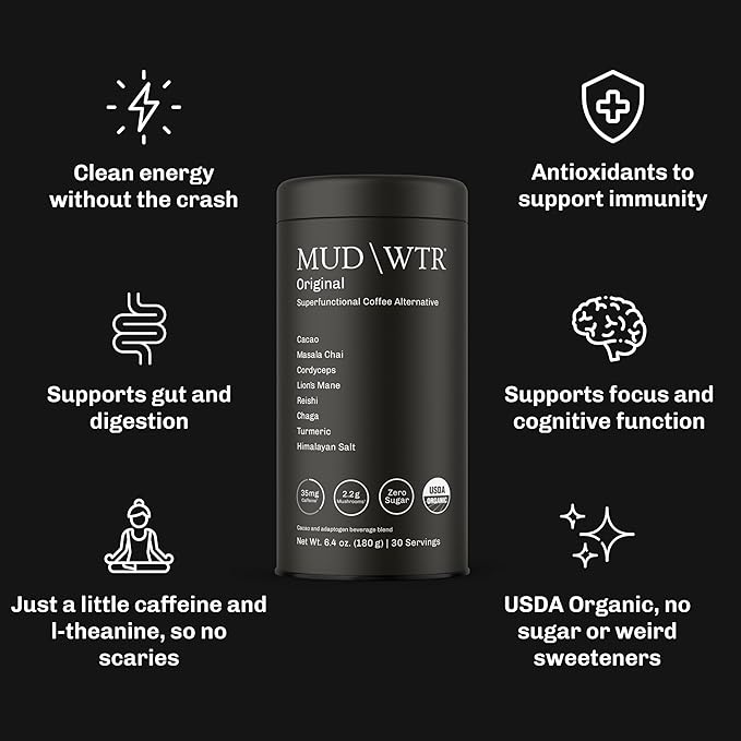 MUDWTR Original Mushroom Coffee Alternative | 2,240mg USA Grown & Adaptogenic Mushrooms | USDA Organic | Lion's Mane, Cordyceps, Chaga & Reishi | Energy, Focus & Immunity Support | 30 Servings