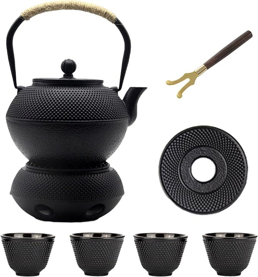 YJX 40.6oz Cast Iron Teapot Set with Warmer, Japanese Tea Set for Stovetop, 1200ml Black Tea Pot and Tea Cups Set, Tea Kettle with Infuser for Loose Leaves, Enameled Asian Teapot Sets for Adults