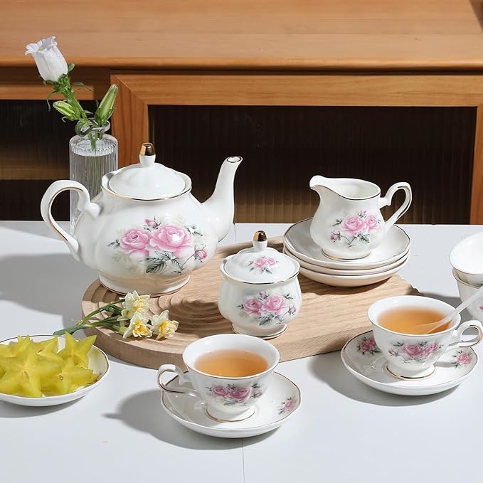 Sweejar Ceramic Teapot with Infuser, Floral Relief Gold Rimmed Teapot, 29 OZ Porcelain Tea Pot for Blooming and Loose Tea, Coffee...(Pink Flower)