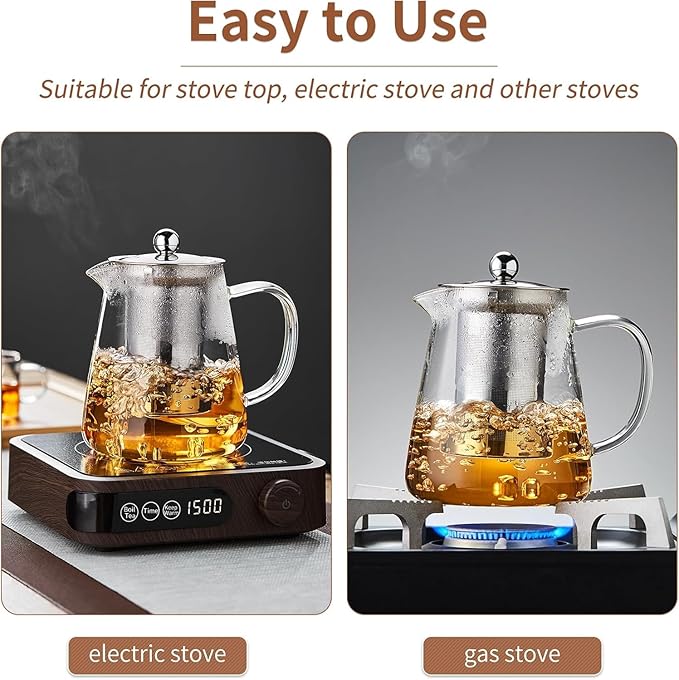 Glass Teapot 1500ML Borosilicate Glass Tea Pot With Infuser, Glass Kettle For Stove Top, Tea Glass Pot, Glass Tea Cup Teacup With Infuser and Lid For Loose Leaf Tea Steeper